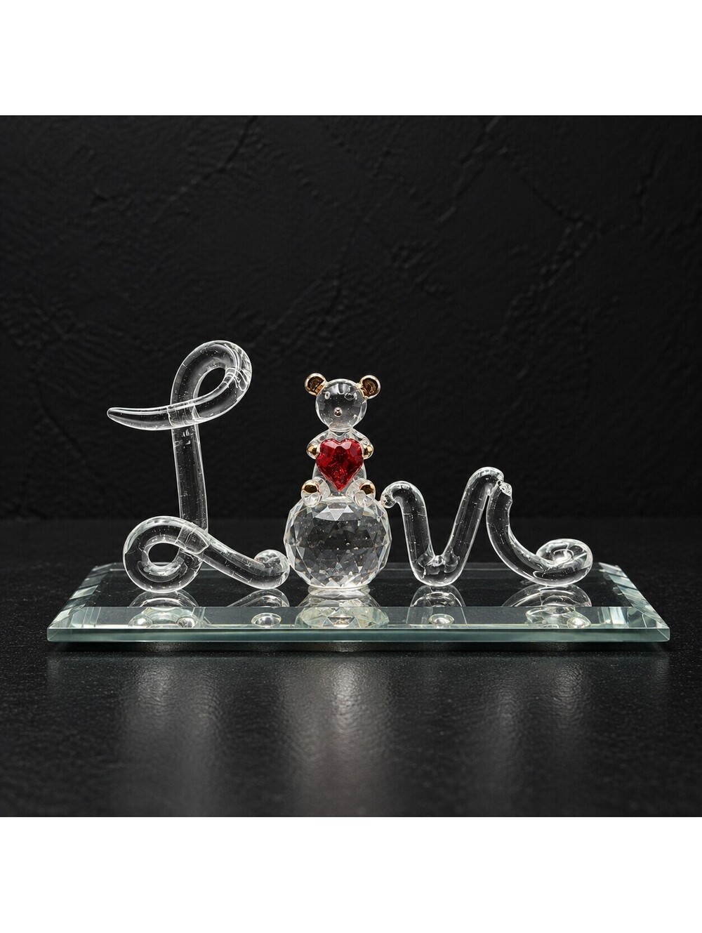 Vintage UG Hand Sculpted Glass LOVE Bear Red Heart 22K Gold Mirrored Base 4.5"